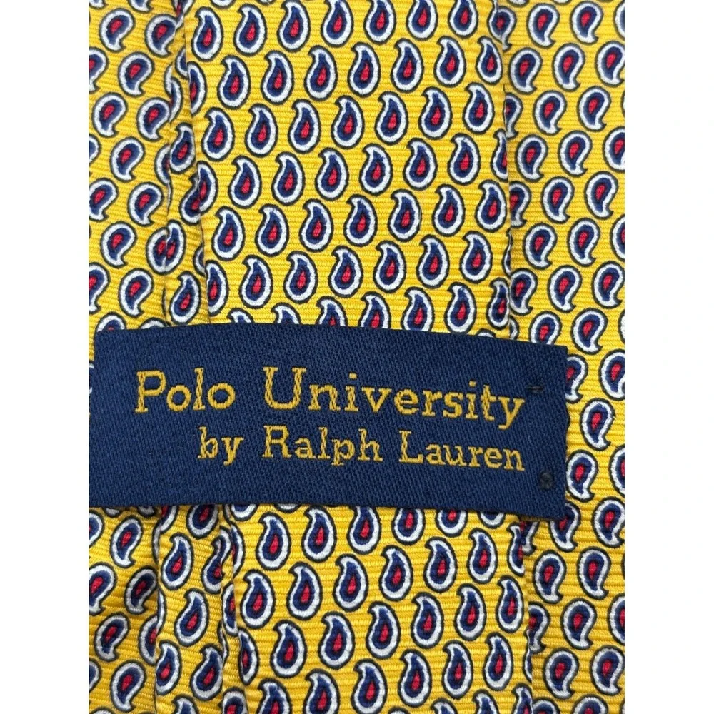 Polo University by Ralph Lauren Yellow Paisley Silk Necktie Hand Finished USA